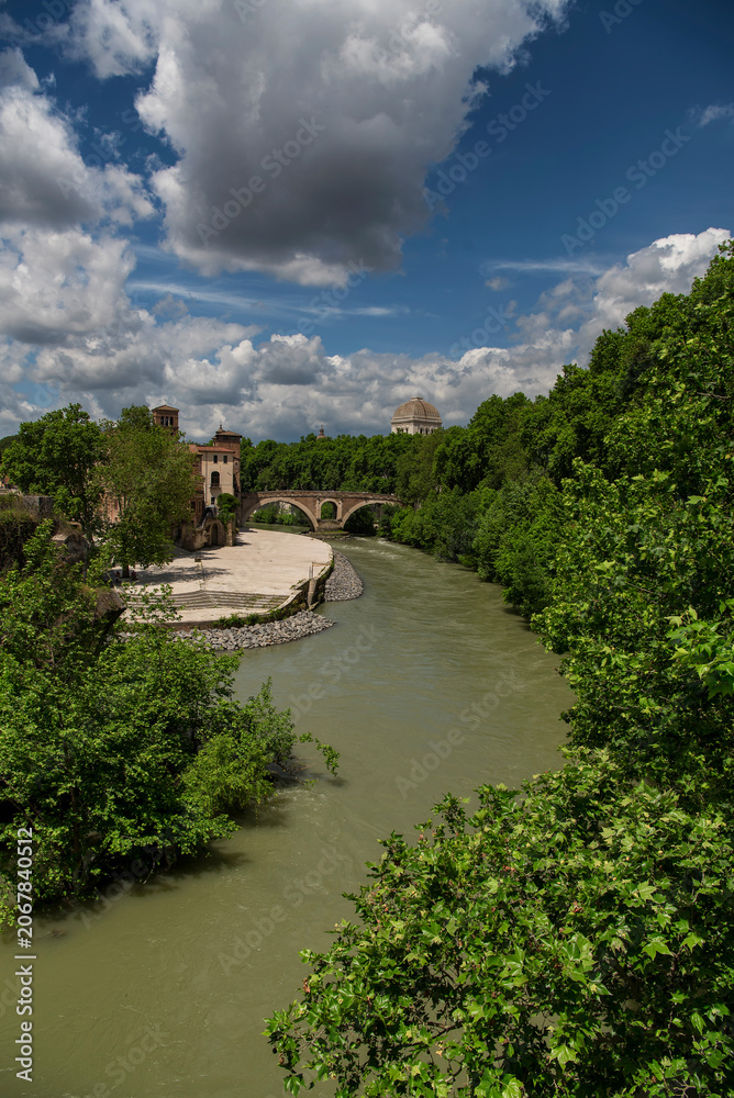 Fototapeta premium River Tiber and the Fabricio Bridge in Rome Italy