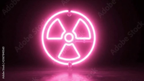 Glowing pink neon radiation symbol sign on dark background