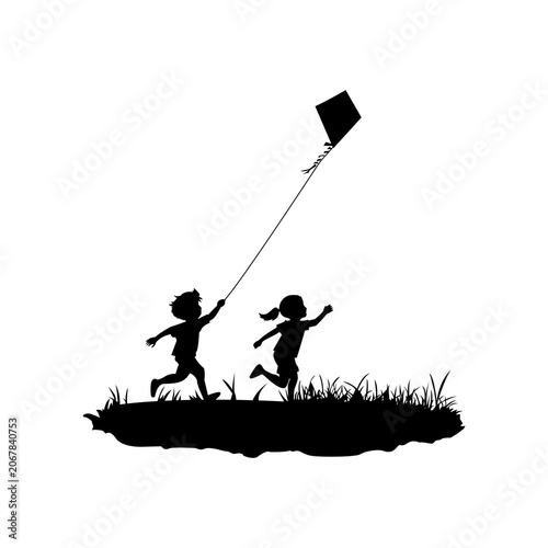 Vector graphic of a silhouette of two children running and flying a kite in an open field happily. This vector is perfect for decoration, stickers, business t-shirt designs, etc.