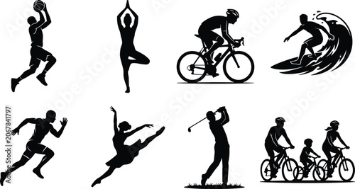 Photography Sports and fitness silhouettes icon set featuring basketball yoga cycling surfin
