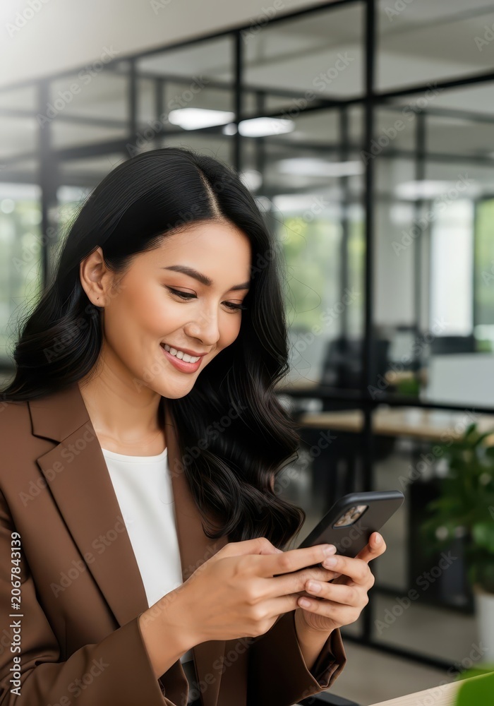 Fototapeta premium Happy Young Asian Professional Woman Checking Her Smartphone in a Modern Corporate Office