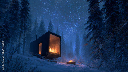 Modern tiny cabin in a snowy forest at night, warm yellow light glowing from windows under a starry sky, cozy winter landscape, beautiful A-frame cottage house studio photography.