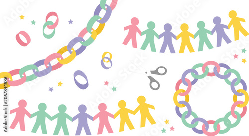 Diversity and Inclusion Paper Chain Vector Illustration Set Featuring Multicultural Community Unity, Social Connection and Teamwork Concepts