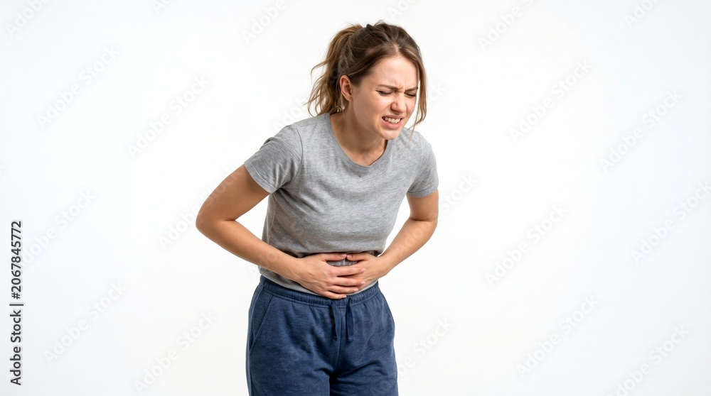 Fototapeta premium Young Woman Suffering from Severe Stomach Pain Isolated on White Background