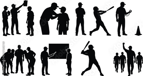 Bilde på lerret Baseball coach and players silhouettes set with team training batting practice a