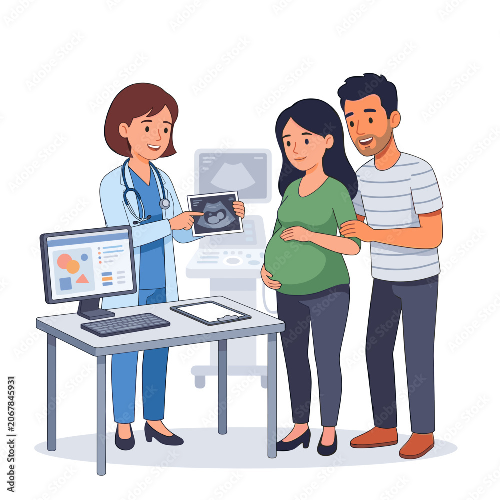 Fototapeta premium Couple discussing ultrasound with doctor in a medical office 