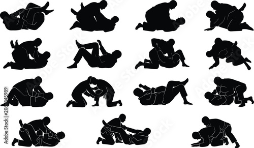 Schilderij op canvas Brazilian Jiu Jitsu and Grappling Martial Arts Silhouette Set Featuring Various