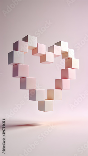 Floating 3D cubes gently forming a heart shape in mid-air symbolizing love, unity, and romantic connection.