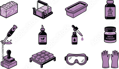 Tableau sur toile Soap Making Vector Icon Set with Cutter, Mold, Lye, Mica Powder, Stamp, and DIY