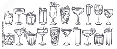 Cocktail set with martini, margarita, mojito, aperol spritz, pina colada, negroni, whiskey cocktail and French 75. Bar menu, drink card and poster design with cocktail set, outline vector illustration