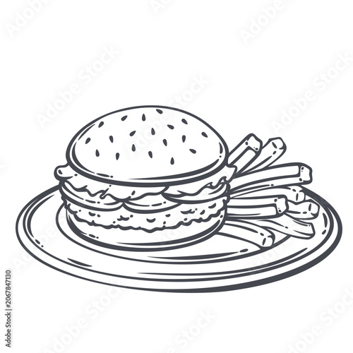 American Burger on plate with sesame bun, lettuce, patty, cheese layer and fries. Fast food menu and diner branding with american burger, outline vector illustration.