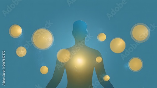 Human silhouette with spheres of luminous energy