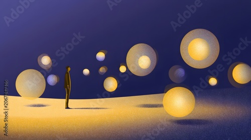 Human silhouette with spheres of luminous energy