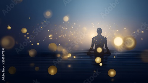 Human silhouette with spheres of luminous energy