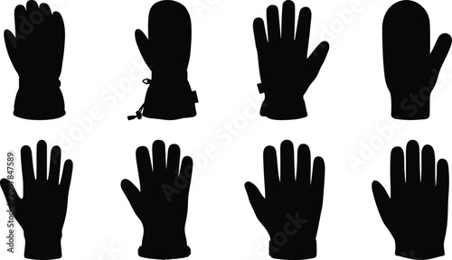 Bild auf Leinwand Winter gloves and mittens silhouettes set including protective seasonal handwear