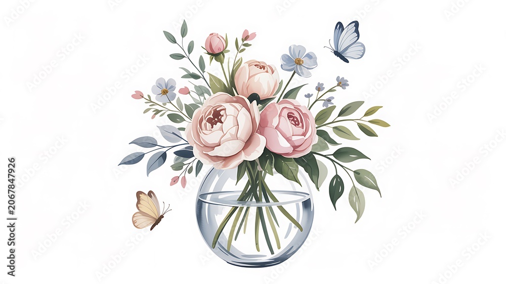 Fototapeta premium Delicate watercolor bouquet of pink peonies and wildflowers with flying butterflies