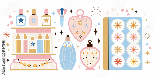 Obraz na plátně Perfume Bottles Collection Pastel Vector Illustration With Decorative Elements