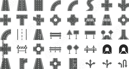 Tableau sur toile Road icon set with highway intersection roundabout bridge tunnel traffic sign st