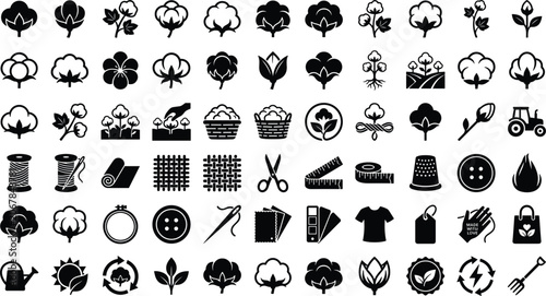 Fotografía Cotton icon set with fabric textile spool thread scissor button sewing tailoring