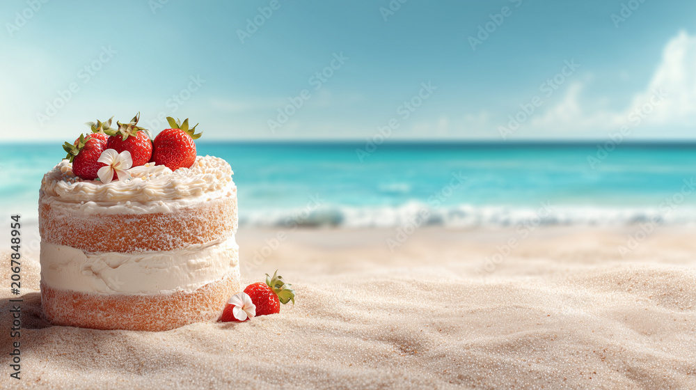 Fototapeta premium Elegant birthday cake on tropical sandy beach with turquoise ocean background, summer celebration dessert for vacation greetings, party invitations and festive travel themed designs 