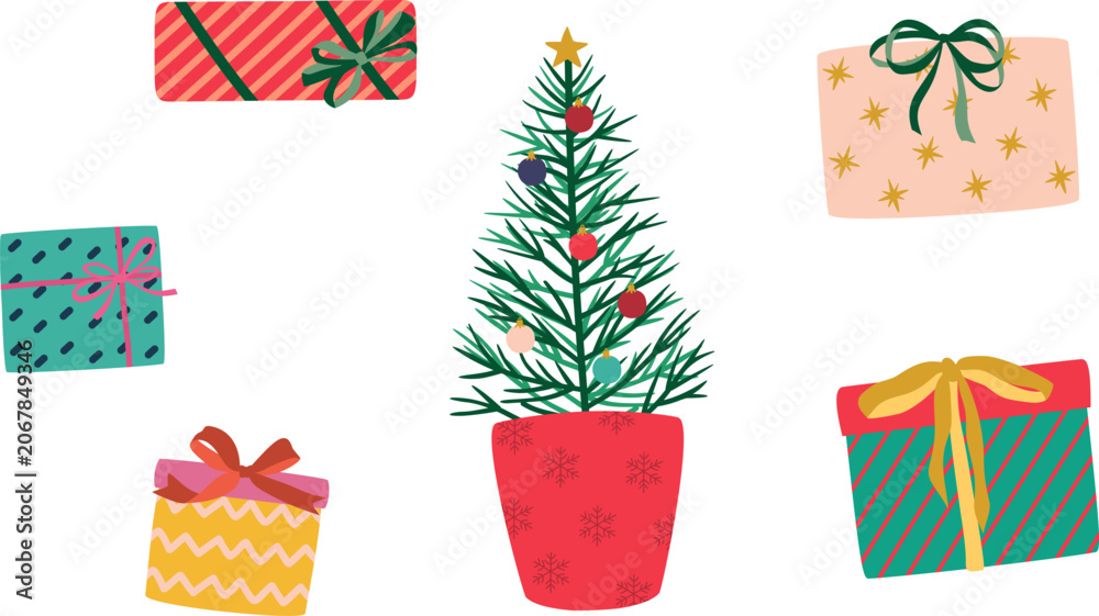 Fototapeta premium Scandinavian Christmas Clipart Set with Potted Tree and Gift Boxes. Nordic Folk Art Winter Vector Graphic Elements, Isolated Icons of Holiday Presents and Cute Pine for Festive Design