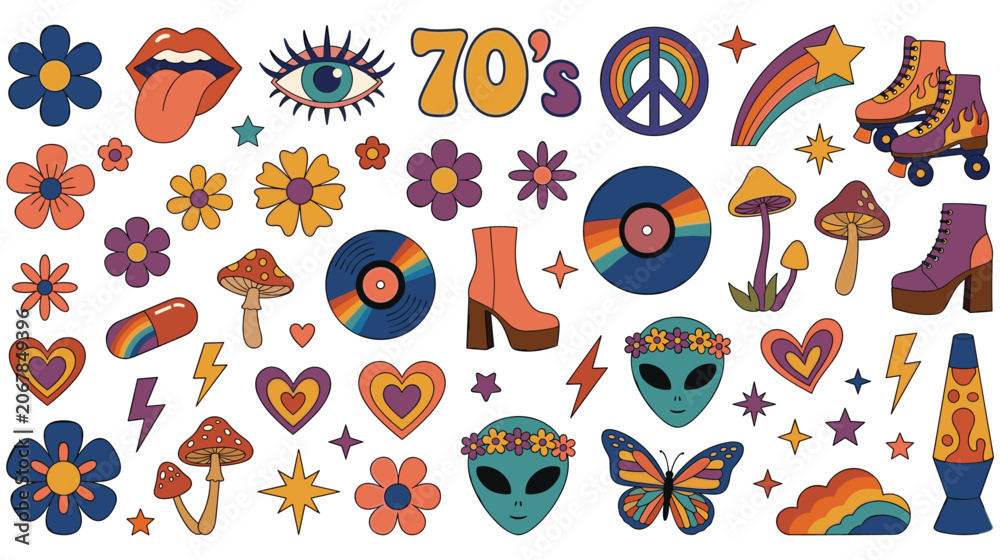Obraz premium Retro seventies aesthetic sticker collection with colorful pop icons.