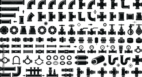 Fotografía Pipe fitting icons set with plumbing tubes valves pressure gauges connectors wat