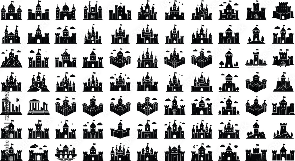 Naklejka premium Medieval castle icons set for fantasy map design fairy tale fortress silhouette collection architecture vector elements,