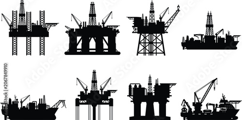 Bild auf Leinwand Offshore Oil Rig and Drilling Platform Silhouette Collection Vector Industry Set