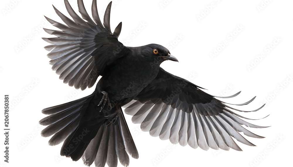 Fototapeta premium Common blackbird (Turdus merula) in flight with wings spread With shadow cut out isolated on white background. AI GENERATED.
