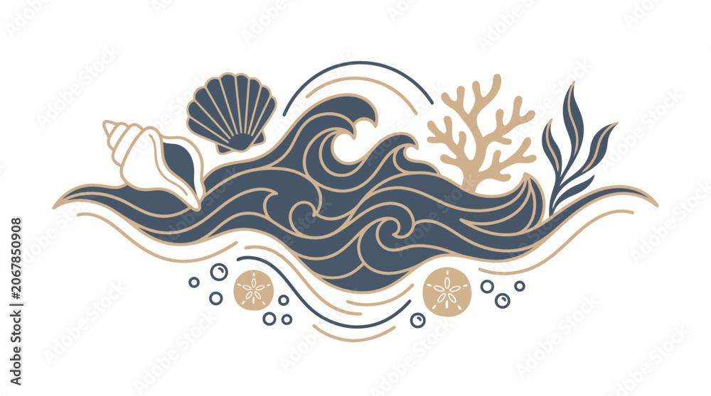 Naklejka premium Stylized Ocean Wave Illustration with Seashells and Coral Reef Elements