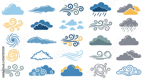 Cuadro en lienzo Weather cloud icons set with wind rain sunshine and stormy sky patterns