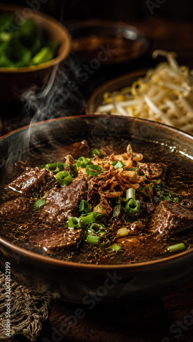 Steaming bowl of rawon black beef soup with herbs and crispy garnish in a rustic setting .generative AI