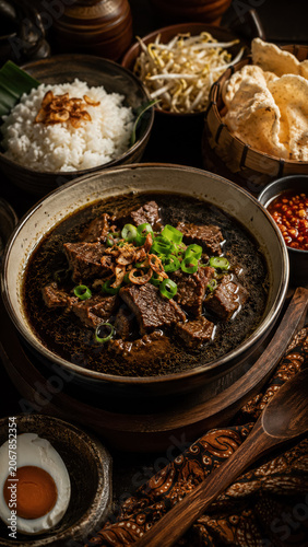 Overhead rawon bowl with black beef soup, rice, crackers, egg, sambal, and side dishes .generative AI