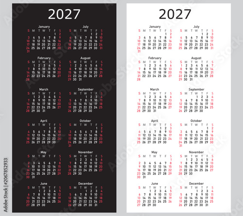 2027 Vertical Minimal Yearly Calendar Design Black and White Printable Monthly Layout for Planners.