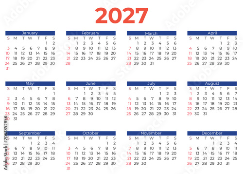 2027 Calendar Year Planner Layout With Months, Dates and Clean Monthly Grid.