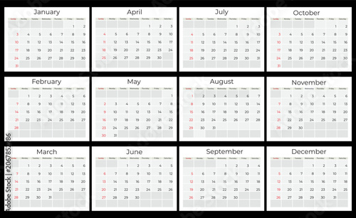 Year Calendar Grid Showing Twelve Monthly Planners and Blank Date Boxes for Scheduling and Planning.