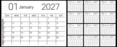 2027 Monthly Calendar Template With January Grid and Year Overview for Planning and Scheduling.
