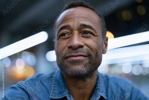 Smiling man looking away with blurred lights in the background