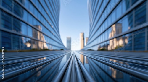 Perspective View of Modern Glass Skyscrapers Reflecting Buildings Under a Clear Blue Sky