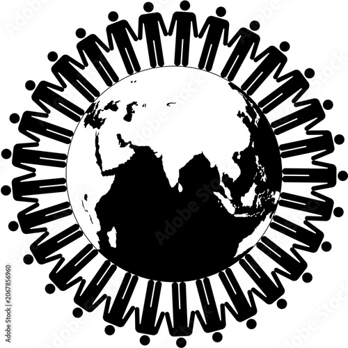 Bold black silhouette vector of hand holding male symbols or male figures encircling a globe, representing population growth, humanity, and global support systems.