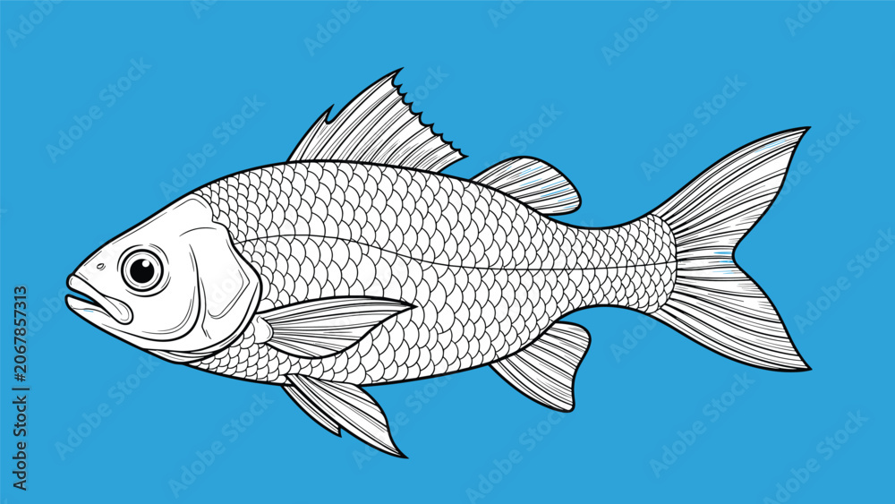 Fototapeta premium Detailed black and white line drawing of a fish featuring intricate scales and fins set against a bright solid blue background.