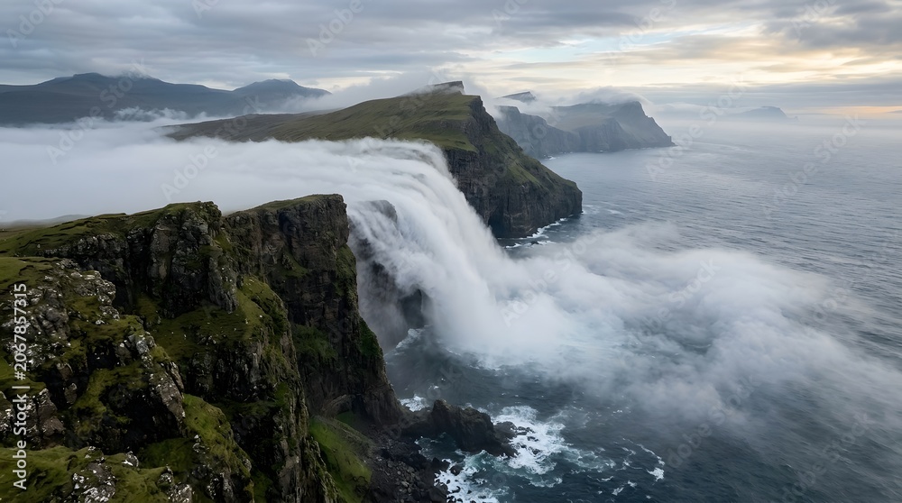 Fototapeta premium Dramatic waterfall flowing over cliffs into the ocean with mist and cloudy sky.