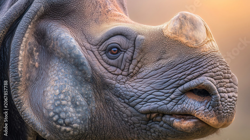 Close-up portrait of a rhinoceros head showing detailed facial features, textured skin, and distinctive horn. Wildlife nature photography with warm golden lighting.