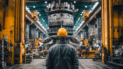 Worker observes large machine in industrial space during daytime hours