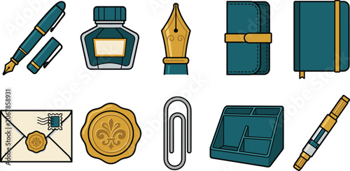 Konstfotografi Vintage Fountain Pen Writing Stationery and Office Supplies Vector Icon Collecti