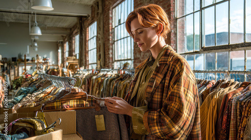 Woman shopping in vintage clothing store, examining plaid garment on hanger. Industrial loft space with brick walls, large windows overlooking mountains, racks of colorful apparel.