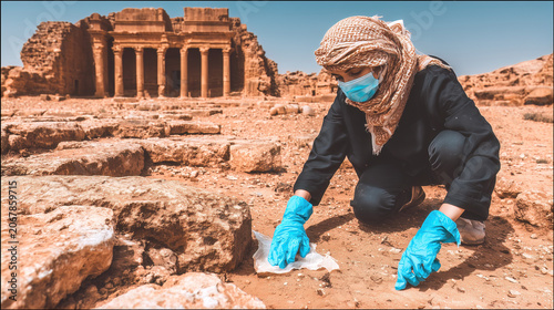 Archaeologist in protective gear examining ancient Nabatean ruins at Petra, Jordan. Professional excavation and heritage conservation work at historic desert site.