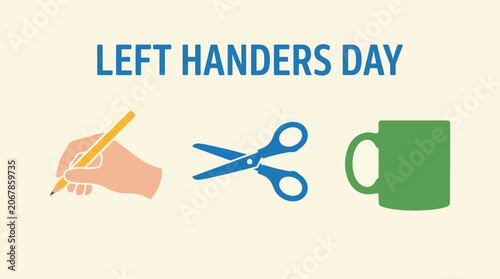 International Left Handers Day banner with left hand writing scissors and mug illustration.
