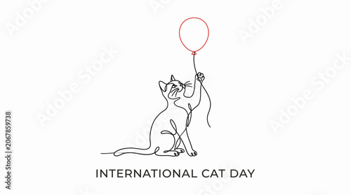 International Cat Day line art illustration with a balloon.